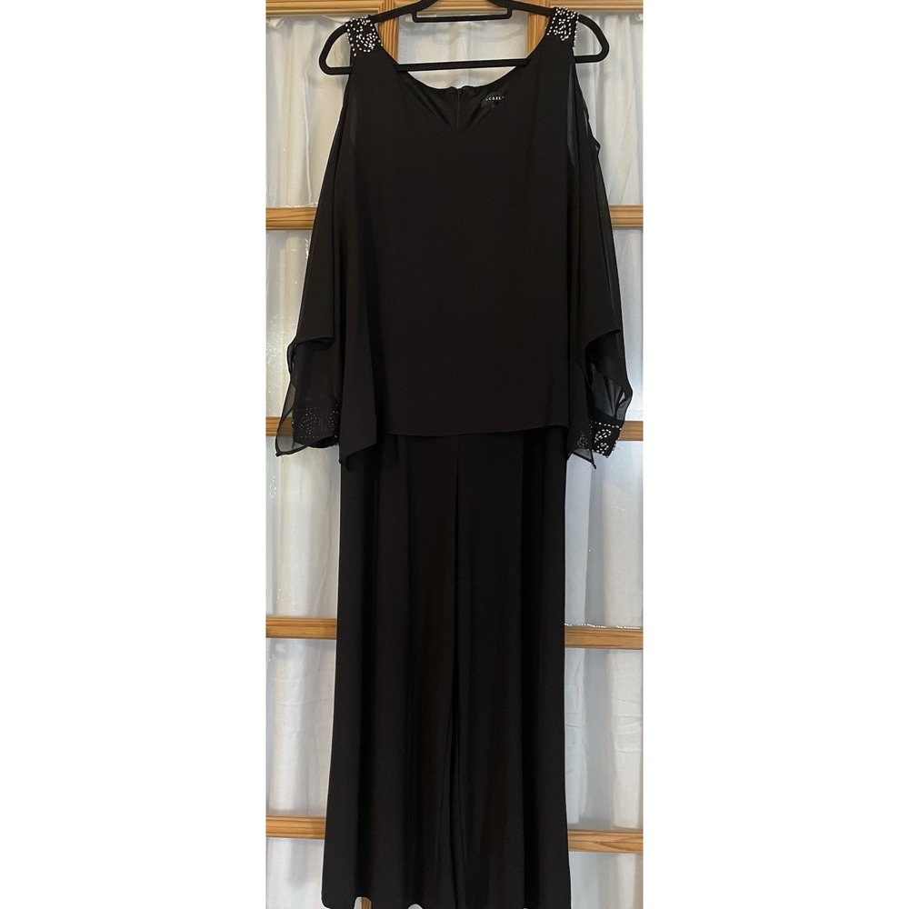 80s Scarlett Layered Formal Jumpsuit XL Black Wide Leg Silver Studs Cocktail USA